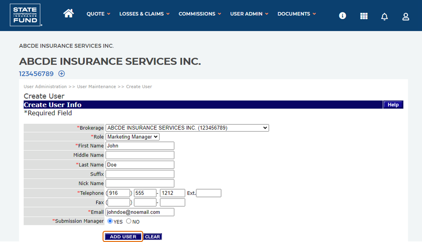 Complete the required fields and press ADD USER. 