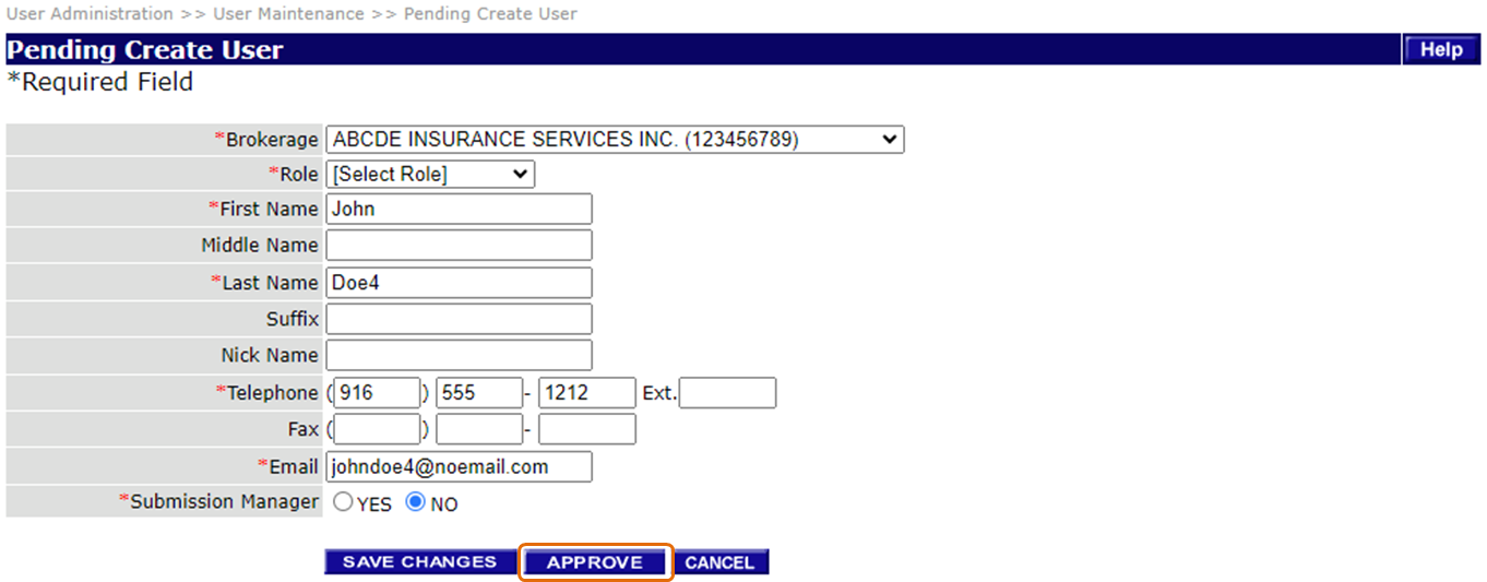 Edit the user information in the Pending Create User page and click APPROVE 