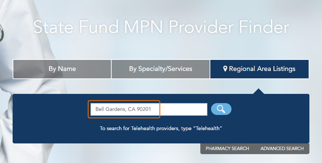 Searching for providers in a region by typing in the city and ZIP code